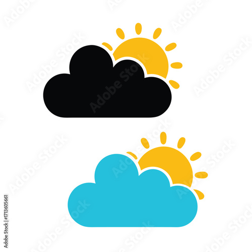 Black and blue clouds partially obscuring yellow sun icons weather