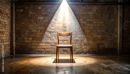 Empty wooden chair bathed in spotlight, brick walls