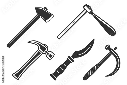 Collection of five black silhouette ancient tools on white background hammer sickle