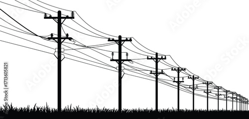 Electric power line poles with cables, utility energy infrastructure, electricity transmission system silhouette, black vector illustration, high voltage distribution background