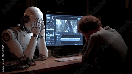 Robot and human collaboration editing video on computer, contemplating choices
