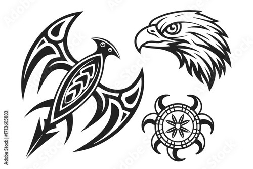 Four black tribal style tattoo elements eagle head bird and sun symbol white