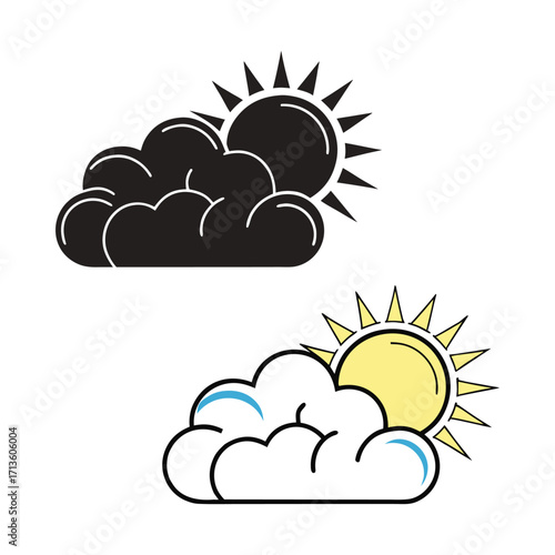 Black and white sun behind cloud icon and colorful sun behind cloud icon weather forecast