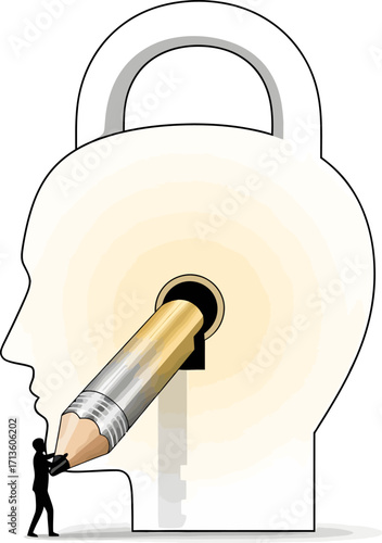 A person uses a large pencil as a key to unlock a padlock-shaped human head, symbolizing creativity and knowledge.