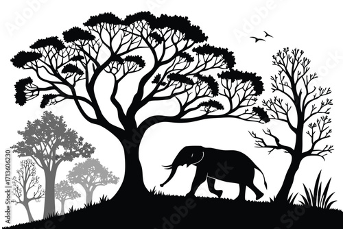 Black silhouette of an elephant walking through an African savanna landscape with trees and birds black and white