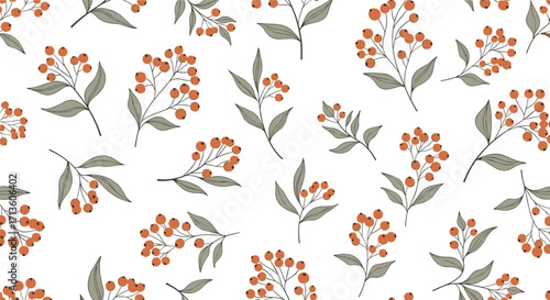 Seamless pattern of delicate orange berries and grey leaves on white background.