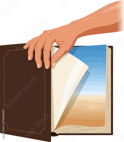A hand turns the page of a book, revealing a sunny beach and ocean landscape hidden within its pages.