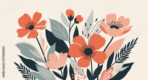 A lovely arrangement of colorful blooming flowers and greenery in a minimalist style.