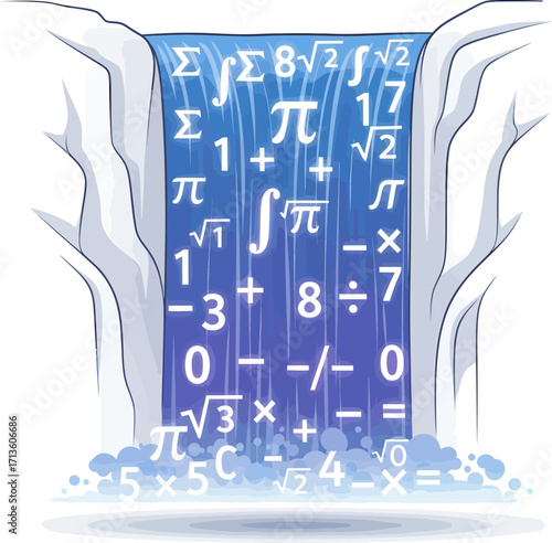 A conceptual waterfall of glowing mathematical symbols, numbers, and equations cascading between two icy cliffs.