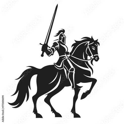 A majestic knight in armor rides a rearing black horse with sword