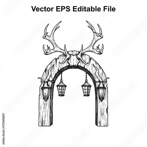 Vector art of rustic wooden archway with deer antlers and hanging lanterns