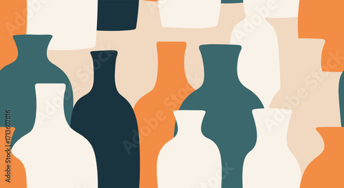 A seamless pattern of abstract pottery and vase shapes in muted earthy tones.