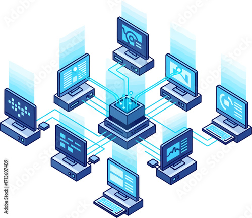 Isometric illustration of a central server hub connected to a network of computer workstations displaying data.