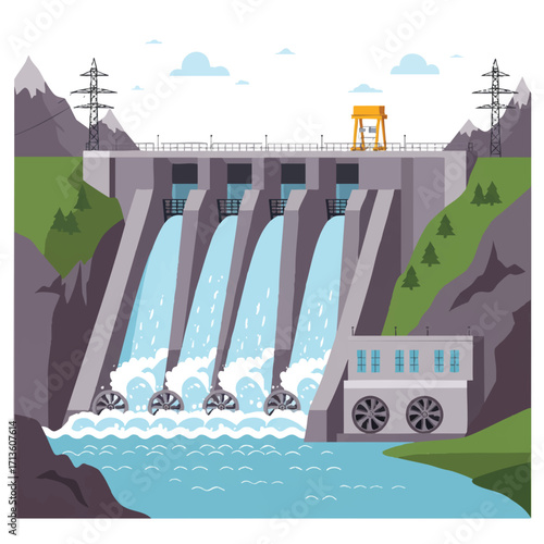 Vibrant 2D flat vector of a large hydroelectric dam, powerfully releasing rushing water through its gates with visible turbines, set amidst a calm river and majestic mountains.