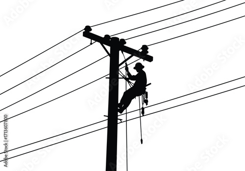 Silhouette of electrical lineman climbing utility pole repairing high voltage power lines, energy distribution maintenance, safety harness, electric grid service, power network infrastructure