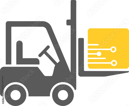 A stylized gray forklift lifting a yellow smart box with a digital circuit design, representing logistics technology.