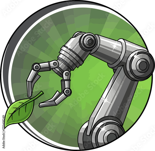 A metallic robotic arm gently holds a fresh green leaf, symbolizing the harmony between technology and nature.