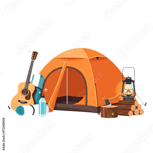 camping tent, orange tent, campfire gear, camping equipment, outdoor camping, guitar camping, sleeping mat, lantern, camping lantern, firewood, axe and log, adventure camping, campsite, summer camping