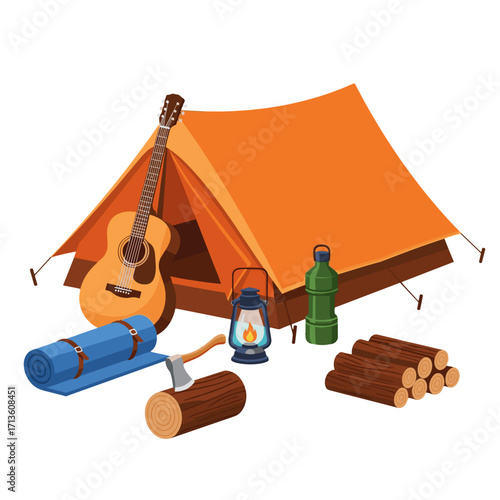 camping tent, orange tent, campfire gear, camping equipment, outdoor camping, guitar camping, sleeping mat, lantern, camping lantern, firewood, axe and log, adventure camping, campsite, summer camping