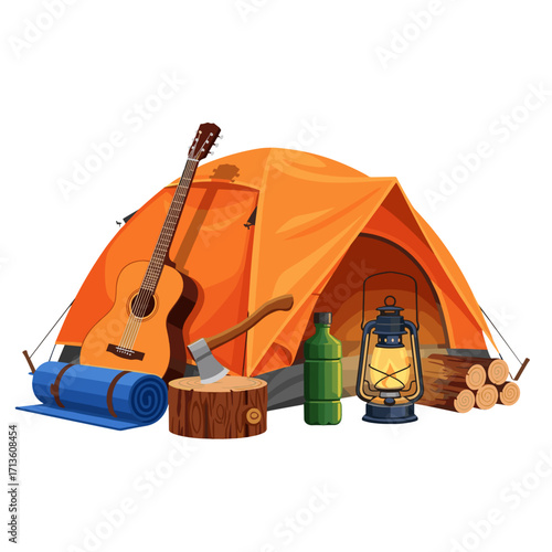 camping tent, orange tent, campfire gear, camping equipment, outdoor camping, guitar camping, sleeping mat, lantern, camping lantern, firewood, axe and log, adventure camping, campsite, summer camping