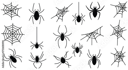 A collection of black spiders and webs on a white background