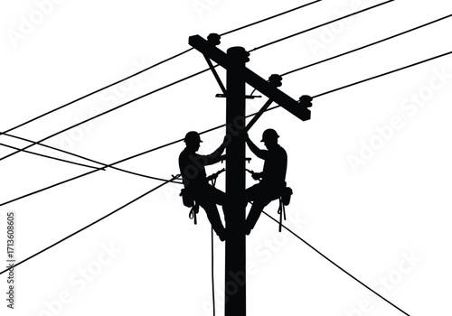 Silhouette of two electrical linemen working on utility pole repairing high voltage power lines, energy distribution maintenance, safety harness, electric grid service