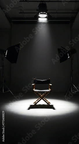 3d render of a conference room, Classic director chair in spotlight on empty stage set. Wooden armchair with canvas seat, back. Symbol of filmmaking process, creative work, studio atmosphere. Equipmen