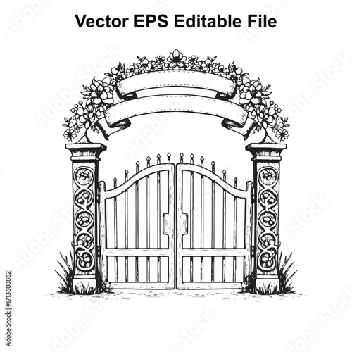 Vector art of handdrawn sketch of an ornate garden gate with floral arch and banner