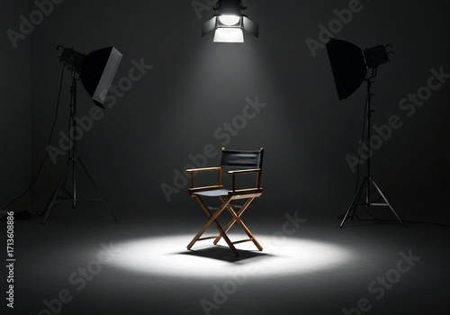 spotlight on the wall, Classic director chair in spotlight on empty stage set. Wooden armchair with canvas seat, back. Symbol of filmmaking process, creative work, studio atmosphere. Equipment for mov
