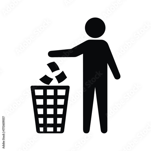 Stick figure disposing of paper waste into a patterned wastebasket