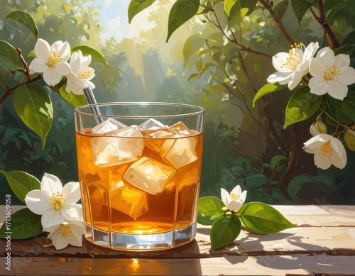 A glass of iced tea, surrounded by blossoming jasmine flowers, bathed in sunlight, sits on a wooden surface.