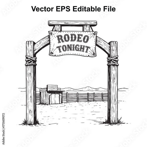 Vector art of rustic wooden rodeo archway with rodeo tonight banner