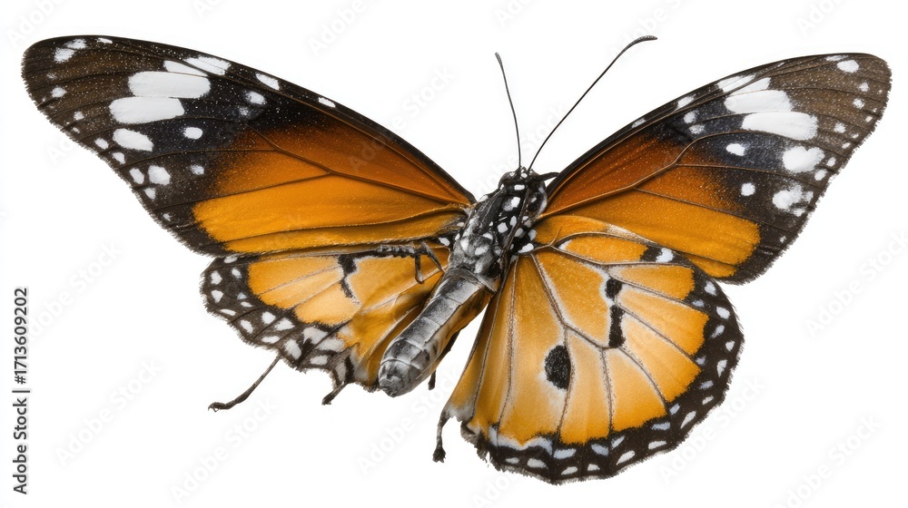 Fototapeta premium Close-up of a monarch butterfly against a white background.