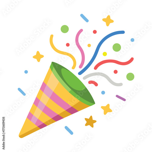 A colorful party popper with confetti bursts celebrating a joyful occasion