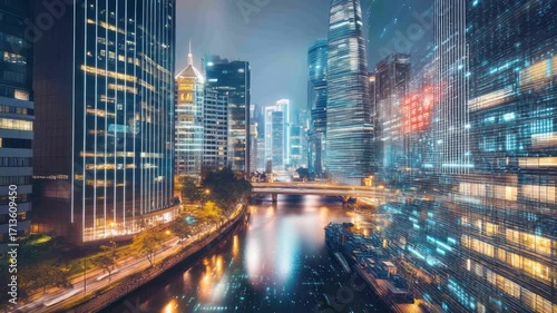 Vivid cityscape at dusk featuring a river and tall skyscrapers with electric lights