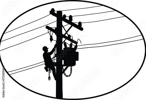 Silhouette of electrical lineman repairing power pole transformer and high voltage cables, utility maintenance, energy distribution network, safety harness, electric grid service