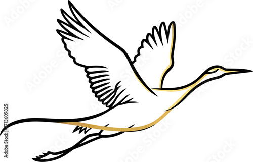 An elegant, stylized line art illustration of a graceful crane in flight with black and gold accents.