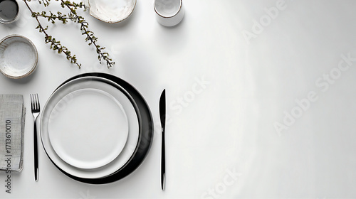 Elegant white table setting with black rimmed plate and delicate greenery overhead view