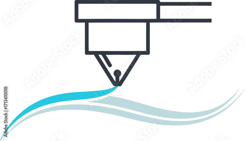 A minimalist line art icon of a 3D printer nozzle extruding a fluid, wavy cyan line.