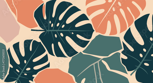 Abstract organic shapes and monstera leaves in a warm muted color palette.