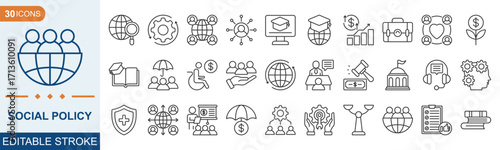 Social Policy icon set collection. Welfare, government, society, service, education, reform, health care, legislation, medicine, law and more. editable stroke. vector illustration eps 10