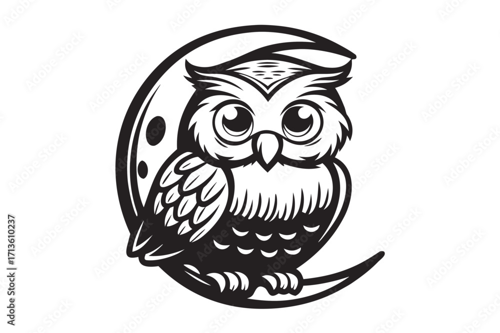Naklejka premium Stylized Owl on Crescent Moon in Black and White 