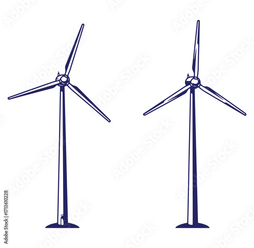 Clean energy illustrated depiction of two modern wind turbines on a white background
