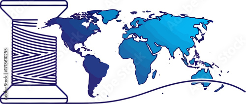A spool of thread connected to a blue world map, symbolizing the global textile industry and international trade.