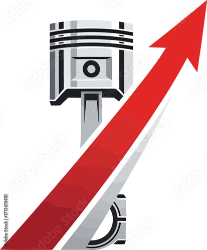 An engine piston with a red arrow pointing up, symbolizing increased power and performance.