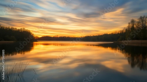 Wallpaper Mural Reflecting Sunset on Calm Lake Water with Birds Flying and Forest Torontodigital.ca