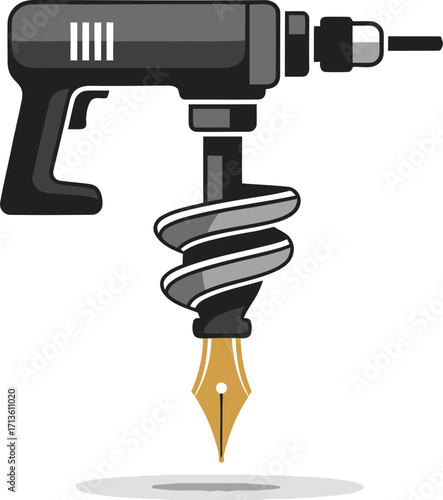 A conceptual illustration of a power drill with a creative bit shaped like a corkscrew and a golden fountain pen nib.