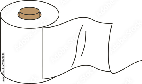 Roll of white toilet paper with a brown cardboard core sitting on a white background in a simple cartoon style illustration