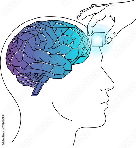 A hand implants a glowing technological cube into a human head with a geometric, digital brain.