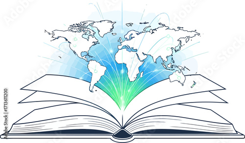 An open book reveals a world map with a burst of light, symbolizing global knowledge, learning, and discovery.